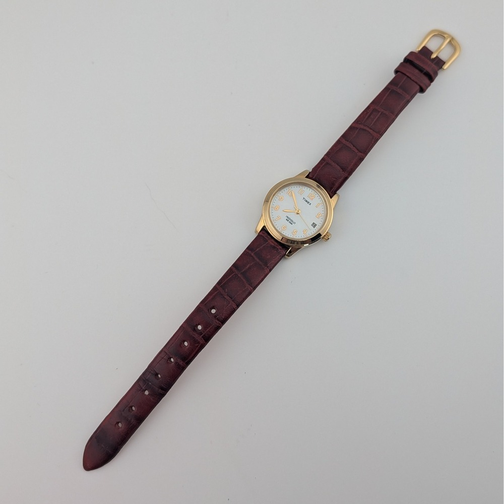 Timex Indiglo Mother of Pearl Dial Gold Tone Burgandy Leather Strap Watch 25mm - Picture 9 of 10